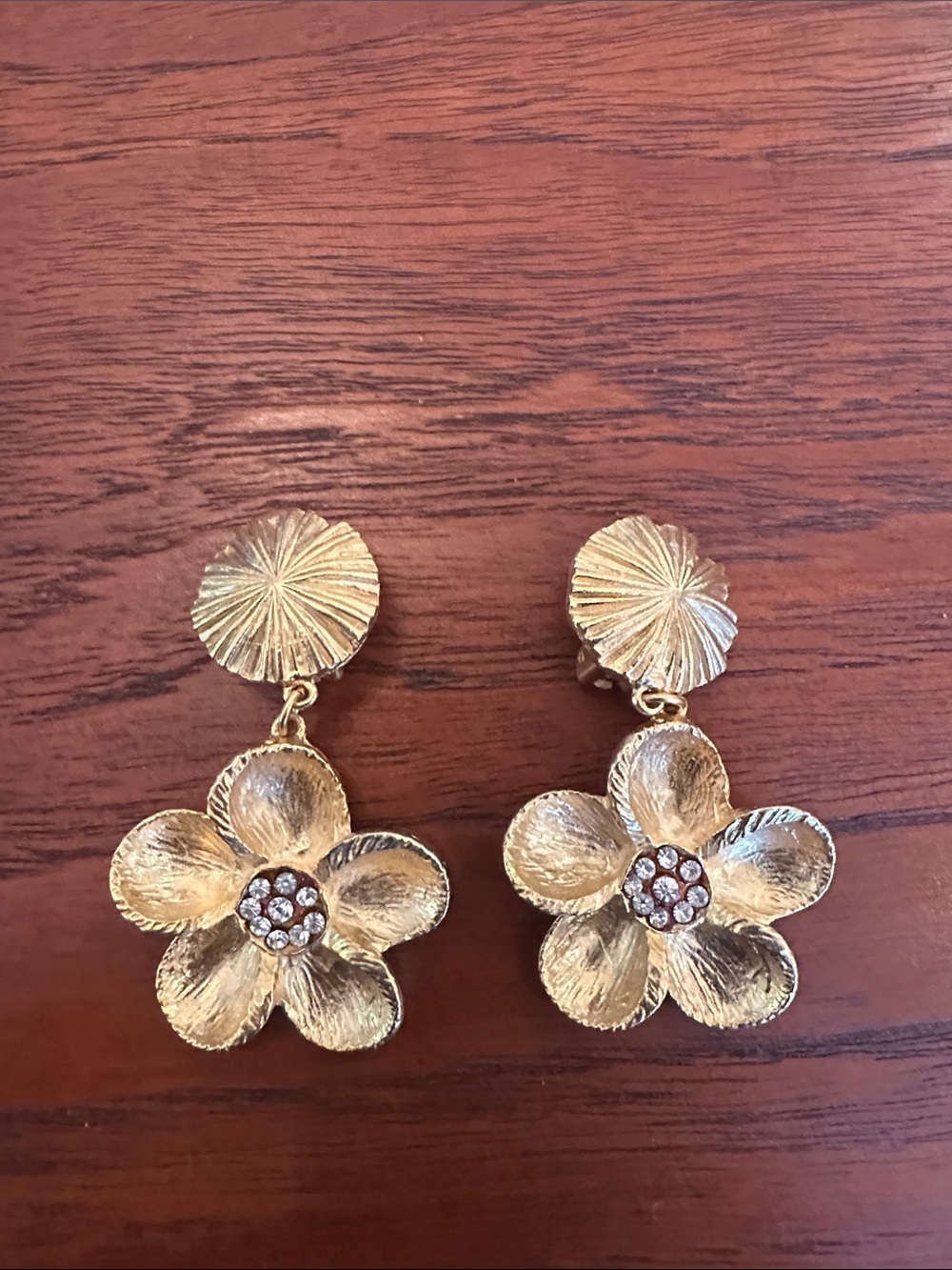 Gold Flower Drop Earrings with Crystal Center - Women Jewelry